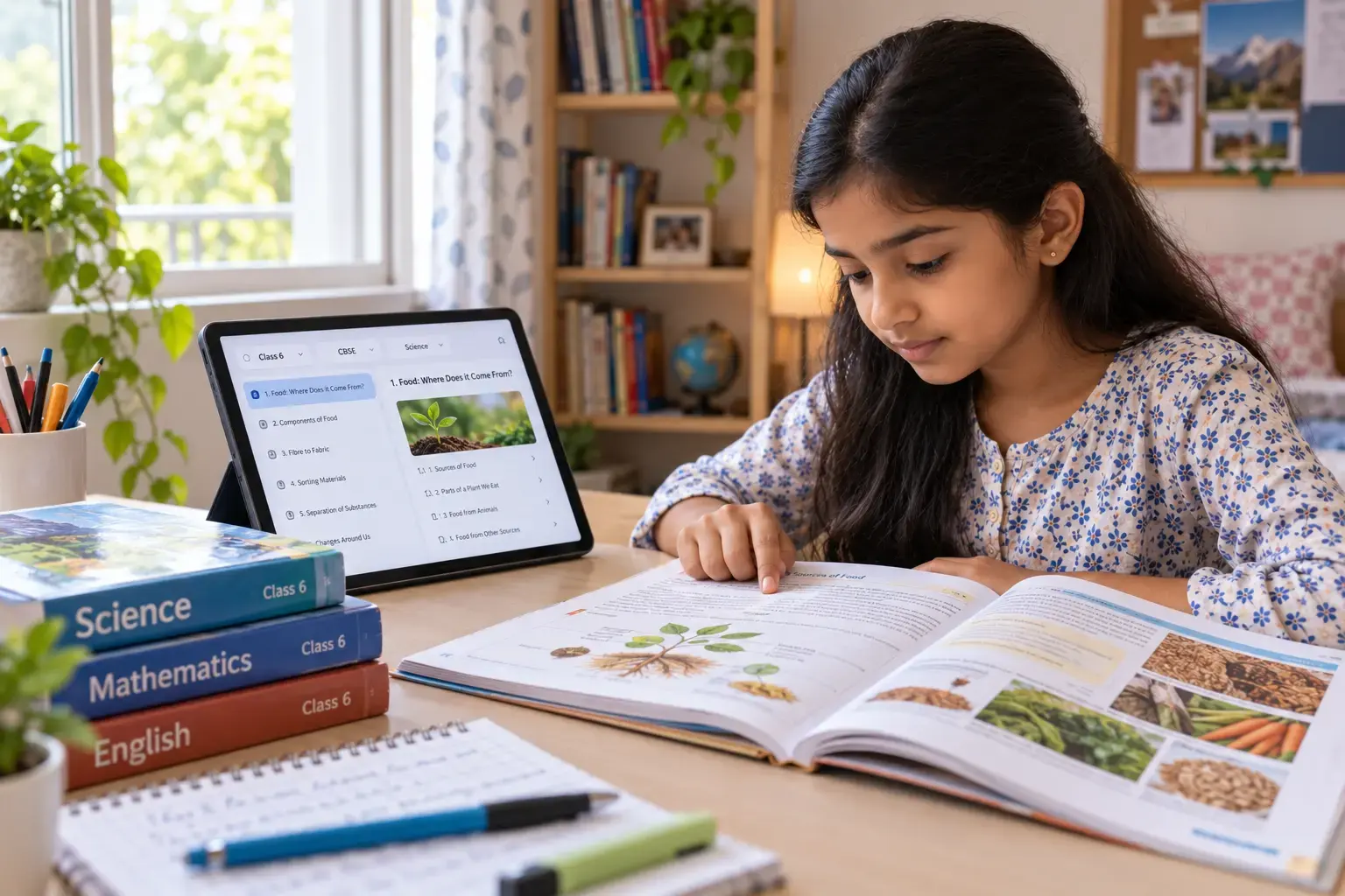 Student exploring CBSE Class 6 curriculum on tablet alongside physical textbook