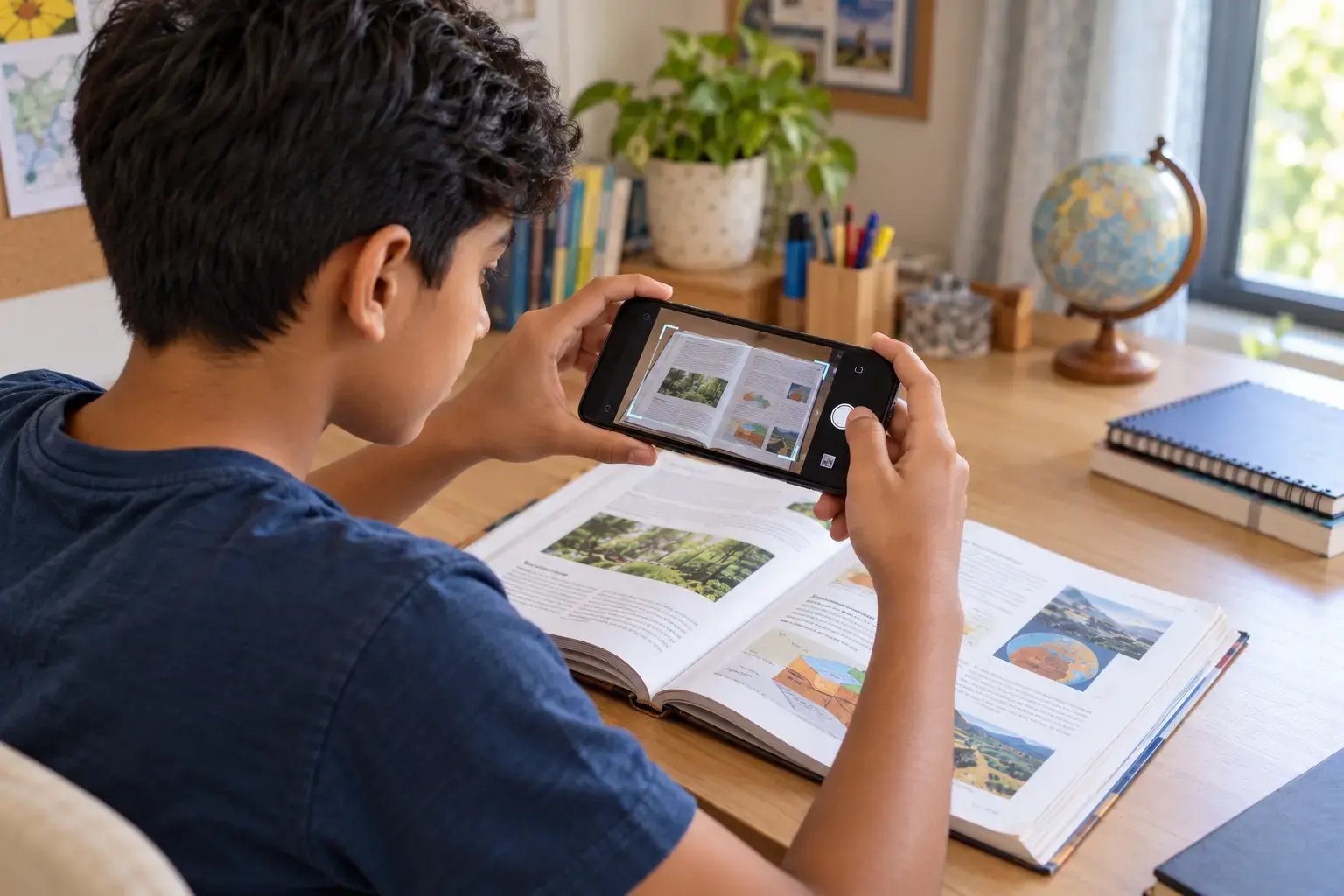 Student scanning physical textbook page with smartphone camera using Nova Scan OCR