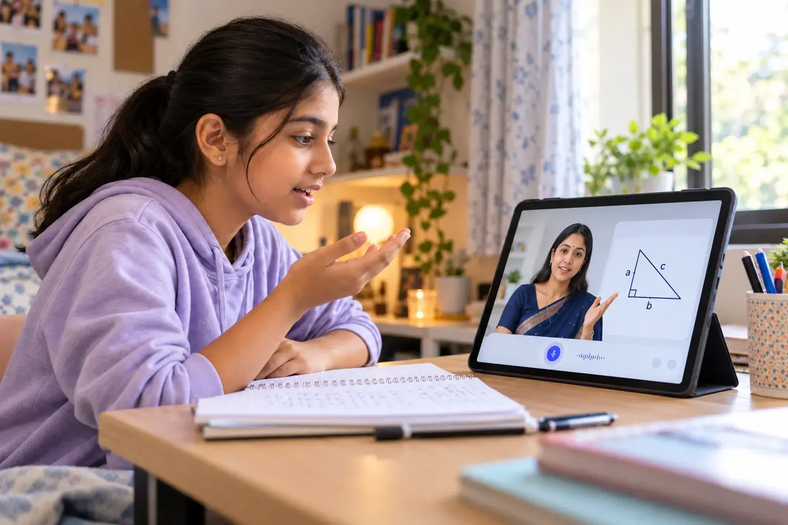 Teenage girl engaged in 1-on-1 video tutoring with female AI instructor explaining triangle geometry