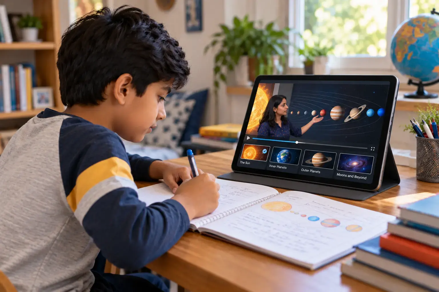 Boy learning astronomy and solar system concepts from animated video lesson on tablet