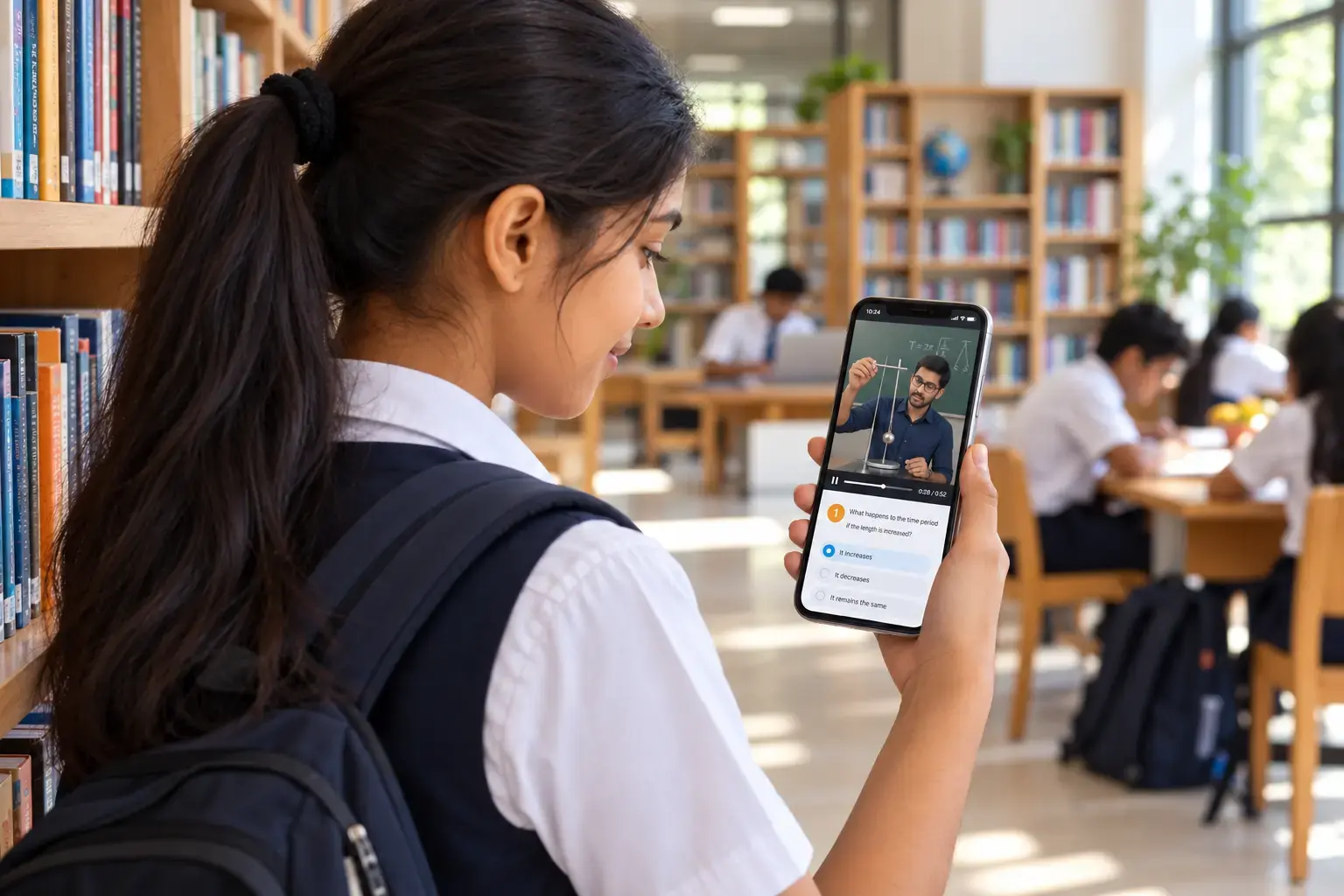 Student in school library watching vertical 60-second physics lesson with interactive question on smartphone