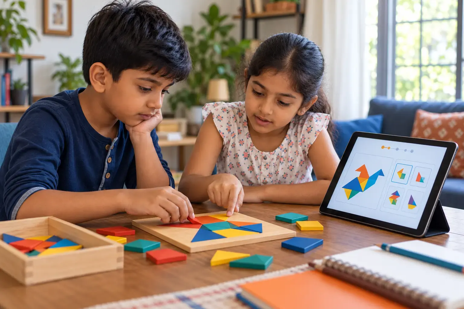 Children collaboratively solving wooden geometric tangram puzzle matching target pattern on tablet