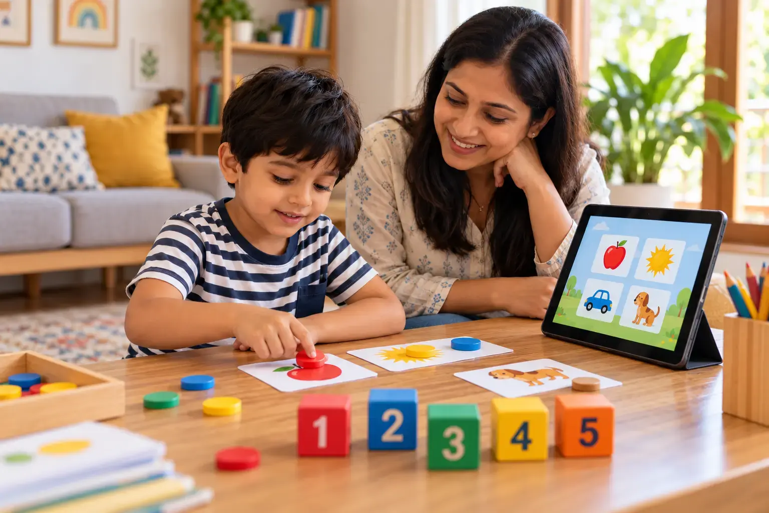 Mother and preschooler son exploring colorful wooden counting blocks and playful tablet activities